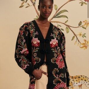 Farm Rio XL Black Ravenala Knit Midi Cardigan (size 14,16,18)